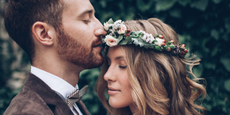 Beautiful wedding couple kissing